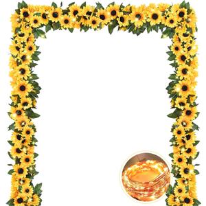 4 Pack Artificial Sunflower Garland Decor with Lights, Sunflower Vines Hanging Flowers Garland with Green Leaves, Fake Yellow Flower Vines Room Wedding Party Decoration(4 Pack)