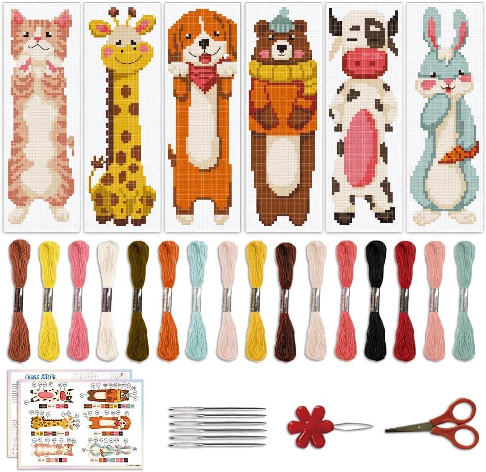 ACRNIGHEET 6PCS Cross Stitch Bookmark Kit for Beginner Cartoon Animals Stamped Cross Stitch Kits for Adults DIY Embroidery Bookmark Kits Cross stitch Kits Adult with Instructions Hand Craft Gift 11CT