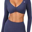 YEOREO Long Sleeve Crop Tops for Women Agantha Deep V Neck Ruched Padded Workout Gym Cropped T Shirt Top with Thumb Holes (Medium)
