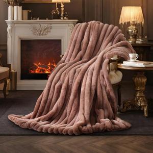 Amlie Home Faux Fur Throw Blanket for Couch, Ultra Cozy Fuzzy Fluffy Fur Luxurious Soft Striped Plush Gift Blankets for Family Sofa Chair Bedroom, 55"x70", Cationic Fox Pink Brown