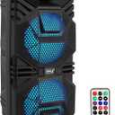 Pyle Portable Bluetooth PA Speaker System, 600W Rechargeable Outdoor Bluetooth Speaker Portable PA System with Dual 8” Subwoofer 1” Tweeter, Microphone in, Party Lights, USB, Radio, Remote