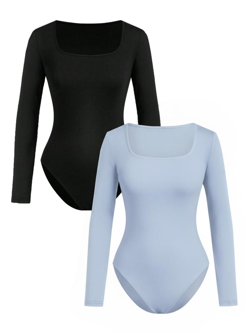 RoseSeek Girl's Long Sleeve Bodysuit Square Neck Leotard Fall Tops