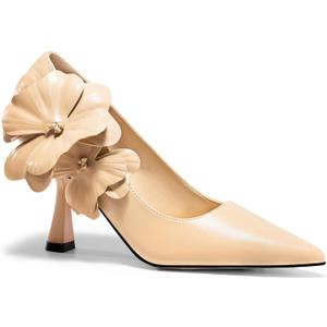 Coutgo Womens Stiletto High Heels Flower Dress Shoes Closed Pointed Toe Slip on Wedding Party Formal Pumps (Beige)