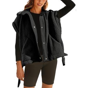 Sherpa Jacket for Women Casual Fleece Vest Oversized Sleeveless Outwear Warm Button Down Gilet with Pockets (Black, M)