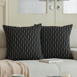 Kevin Textile Pack of 2 Farmhouse Decorative Throw Pillow Covers Boho Woven Texture Burlap Linen Cushion Cover Striped Pillowcase, Black 18 x 18 inches 45 x 45 cm