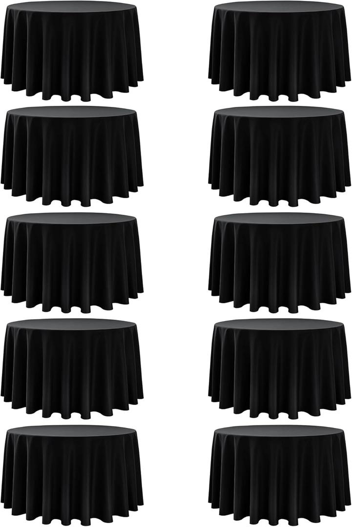 10-Pack Black Round Tablecloths, 108 Inches, Stain-Resistant Polyester for 4-5 Ft Round Tables - Washable Table Covers for Weddings, Banquets, Birthday Parties, Events