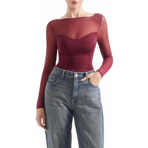 SUUKSESS Women Double Line Mesh Sheer Crop Tank Tops Boat Neck Long Sleeve Shirts (Small, Wine)