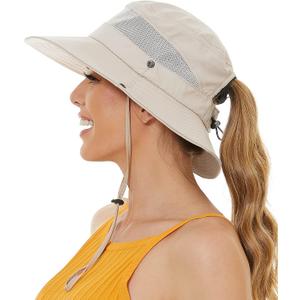 Sun Bucket Beach Hats for Women with Ponytail Hole,Sun Protection UV UPF50+ Waterproof Fishing Safari Hiking Hat (One Size, Beige)