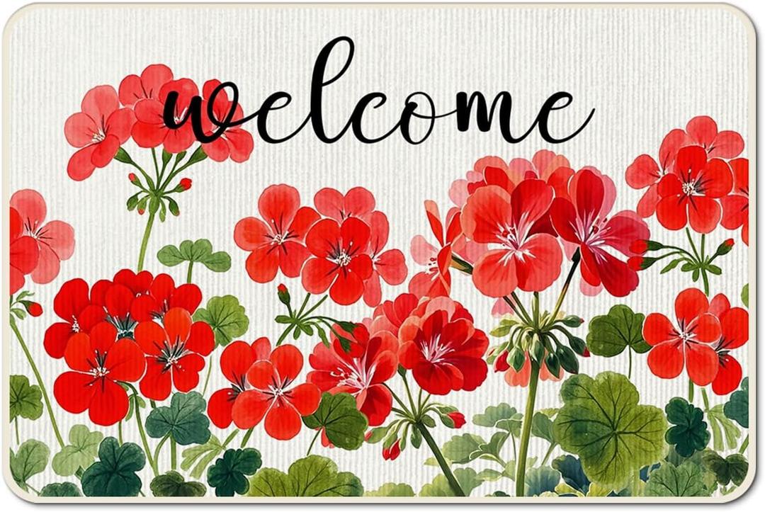 Spring Welcome Doormat Red Floral Doormat Outdoor Entrance Rugs Decorative Door Mats for Summer Outside Entrance Indoor Living Room Bathroom Decor,15.75x23.62 Inch