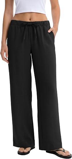 Abonlen Wide Leg Pants for Women Casual Flowy Crepe Trousers Wrinkle Free Relaxed Fit Lounge Work Business with Pockets(27.5 Inseam,Black,Small)