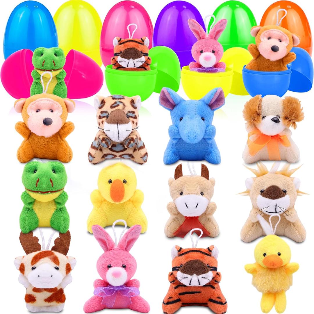 12 Pcs Prefilled Easter Eggs with Mini Stuffed Animal Plush Toys Easter Basket Stuffers Filler for Kids Toddler Boys Girls Egg Hunt Party Favors Classroom Prize Supplies