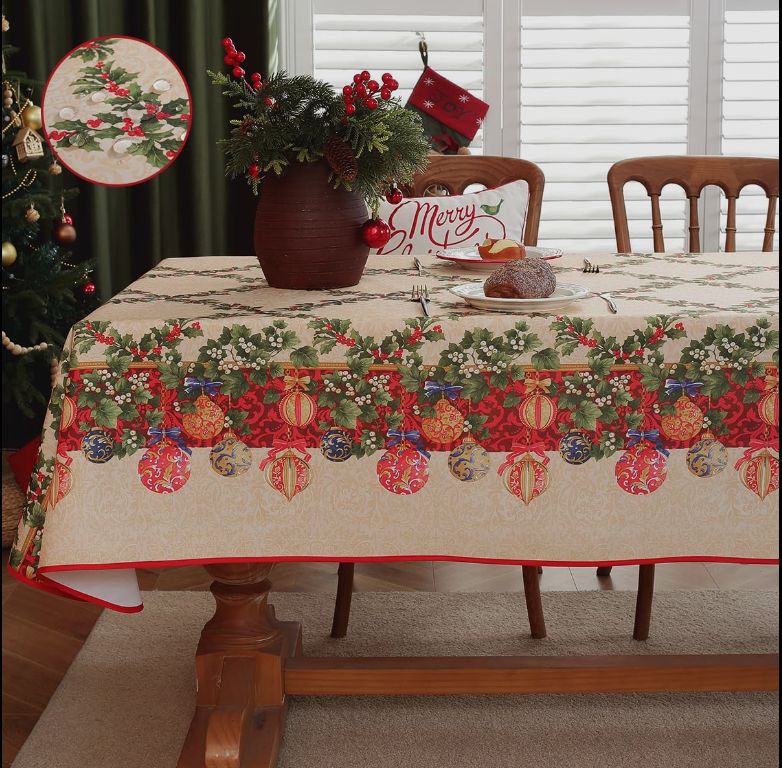 Christmas Tablecloth Rectangle 60x120 Inch Red Holly Berry Ornament Ball Waterproof Durable Vintage Santa Table Cloth, Xmas Table Cover for Holiday, Winter, Farmhouse Party, Beige