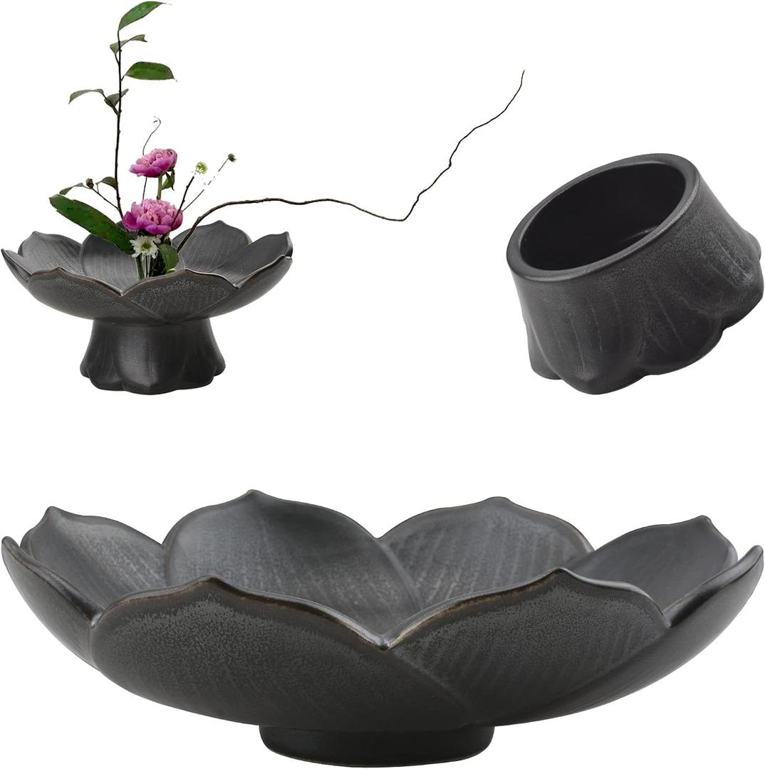 Flower Arranging Kit, 1 Set Lotus Flower Vase Dark Ceramic Flower Pot for Ikebana Floral Art, Fruit Dish Home Decoration