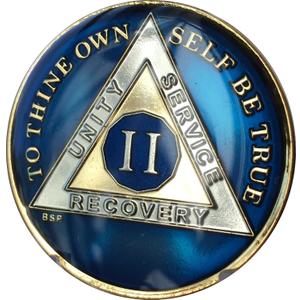 2 Year Midnight Blue AA Alcoholics Anonymous Medallion Chip Tri Plate Gold & Nickel Plated Serenity Prayer