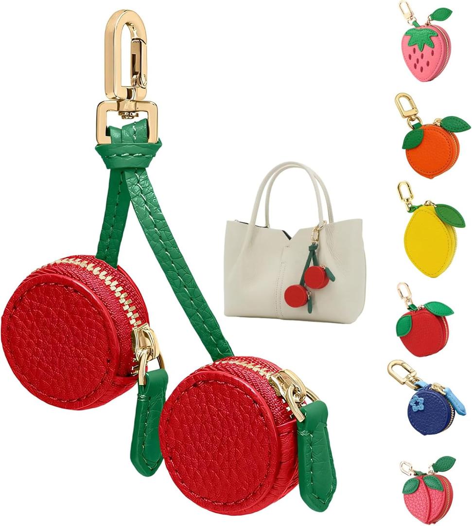 3 x Fruit Coin Purse Keychain Mini Coin Keybag, Stocking Stuffers for Women Purse Charms for handbags, Mini Cute Fruit Charm Leather Zipper for Wallet, Bag and Handbag Decor for Women (Cherry)