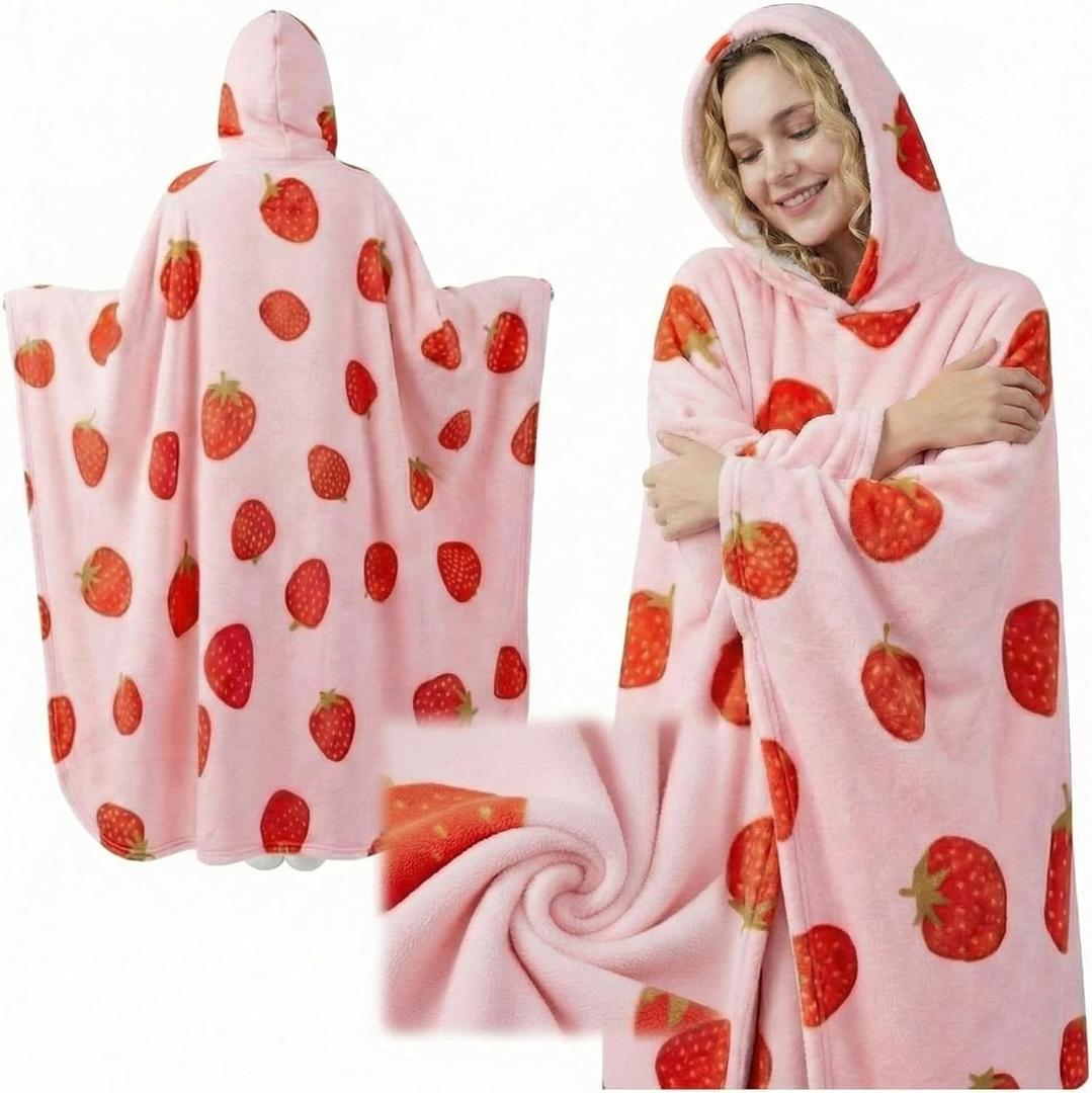 Strawberry Wearable Blanket Hoodie for Women, Oversized Cozy Sherpa Hoodie Blanket, Cute Pink Hooded Sweatshirt, Warm Gift for Mom, Mother's Day Gift