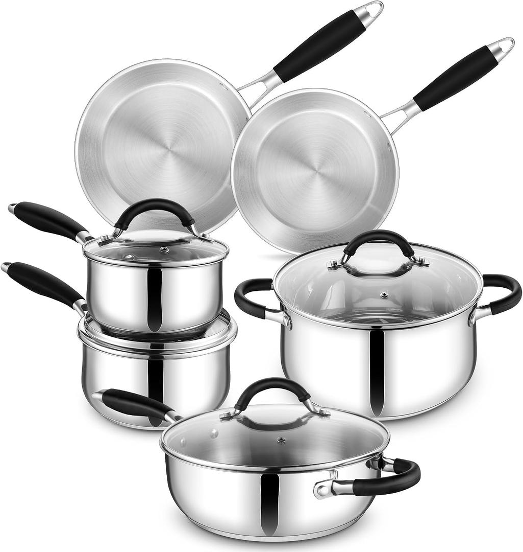 E-far Stainless Steel Cookware Set - Induction Tri-Ply Base Pots and Pans, 10-Piece Non-Toxic Kitchen Cooking Set w/Stay-Cool Handle, Frying Pans, Saucepans, Stockpot with lid, Oven & Dishwasher Safe
