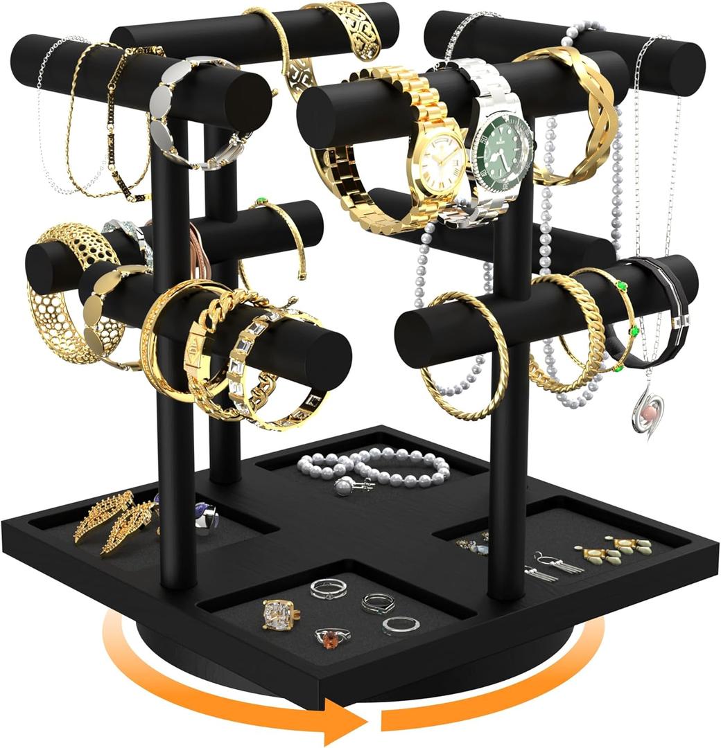 2-Tier Rotating Bracelet Display Stand, Wooden Jewelry Bracelet Display Holder-4 Removable Holders, Bracelet Organizer for Bangles, Necklaces, Bracelets, Rings, Earrings and Watch, Black