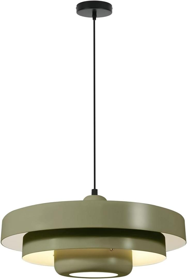 Large Olive Green Pendant Light, 17.7" Vintage Ceiling Chandelier with 3-Layer Metal Shade, Mid Century Modern Light Fixture for Dining Room, Shop, Cafe