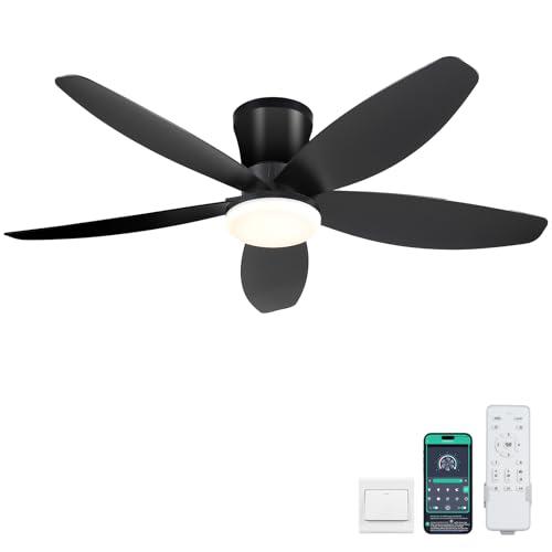 Surtime 42" Ceiling Fans with Lights-Low Profile Ceiling Fan with Light and Remote/APP Control,Flush Mount,DC Reversible,LED Dimmable Blakc Ceiling Fans for Bedroom,Indoor/Outdoor Patio Use 
