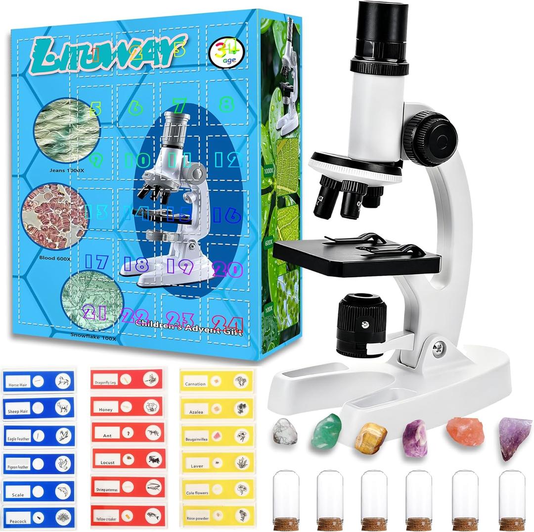 STEM Microscope Kit for Kids Ages 8-12 - 24 Day Science Advent Calendar with 30+ Real Slides & Lab Tools | Beginner Scientist Biology Set, Discovery Toys for Boys & Girls