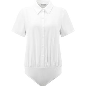 Hobemty Women's Button Down Bodysuit Collared Short Sleeve Business Office Leotard Shirt Top, Large 