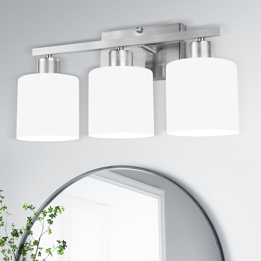 SILAMPDI Bathroom Light Fixtures Brushed Nickel, 3Light Bathroom Lights Over Mirror, Bathroom Vanity Lights for Bedroom, Living Room, Hallway, Milky White Glass Shades, E26 Base, Bulbs Not Included