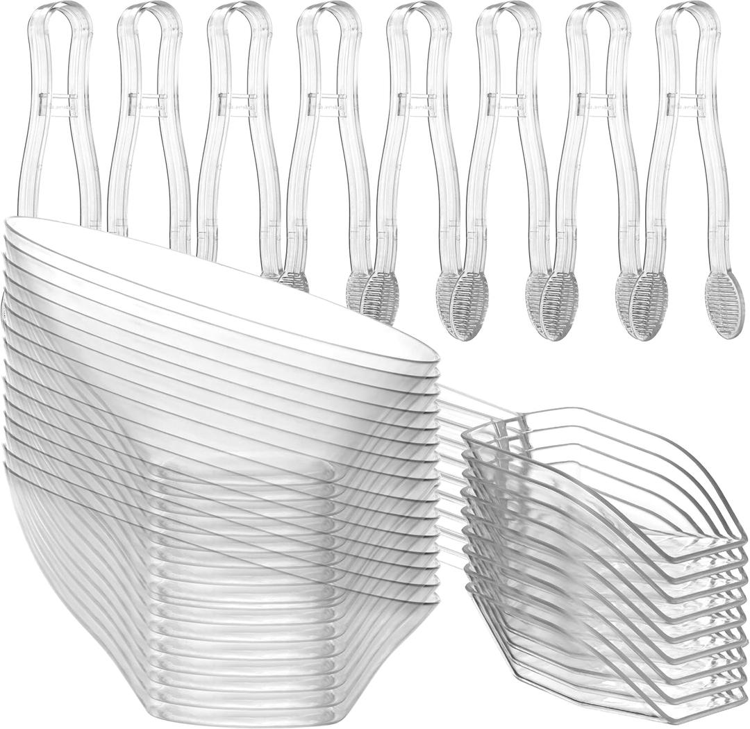 6 oz Clear Plastic Dessert Bowls (16 Pcs) with (8) Scoops and (8) Tongs, Angled Hard Disposable Ice Cream Bar Cups and Candy Buffet Containers Set for Serving Food, Appetizers, Buffets, Party Supplies