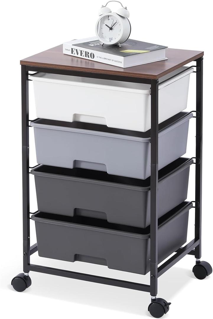 Utility Cart with 4 Drawers,Rolling Storage Cart with Drawers,Storage Rolling Drawer Cart with Wooden Tabletop for Bedroom,Kid's Room,Dorm,Classroom,Office,Light Grey