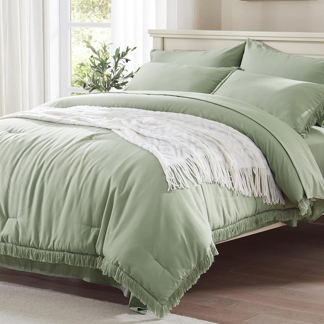 Anluoer Queen Comforter Set - 7 Piece Boho Bed in a Bag with Tassel - Lightweight Soft Bedding Set with 1 Comforter, 2 PillowShams, 2 Pillowcases, 1 Flat Sheet, 1 Fitted Sheet in Sage Green