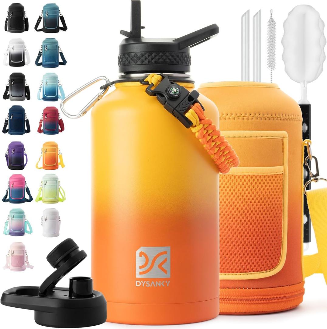 Insulated Water Bottle | Thickened Stainless Steel Vacuum Metal | Portable Sports Half Gallon Large Water Jug for Gym and Hiking with Straw, Carrier Bag, Handle Strap | BPA-Free 64 oz (Gradient Orange)