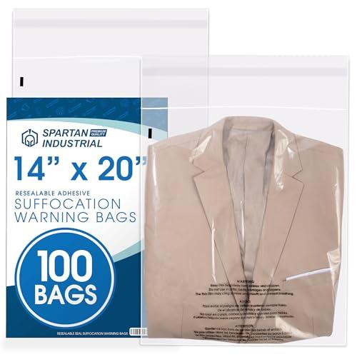 Spartan Industrial - 14” X 20” (100 Count) Self Seal Clear Poly Bags with Suffocation Warning for Packaging, Clothes & Shipping - Resealable Glue