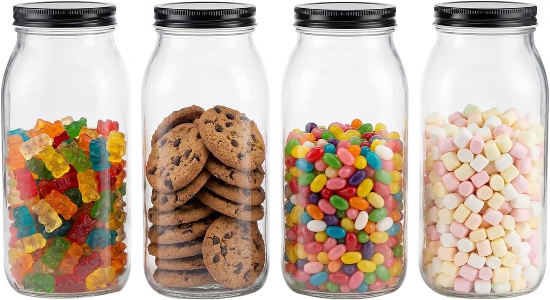 Novelinks 64 oz Large Plastic Mason Jars with Airtight Lids, 4 Pack Big Jars Wide Mouth and Plastic Storage Containers for Pantry, Pickle, Sauce, Sugar (4 Pack,Black)