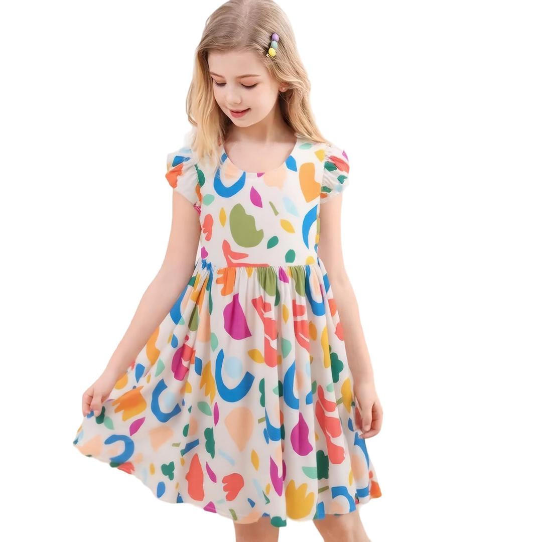 Girls Summer Ruffle Sleeve Floral Dresses Smocked Flowy A-Line Cotton Sundresses for Girl Casual Boho Dress 4-12 Y Multicolored
