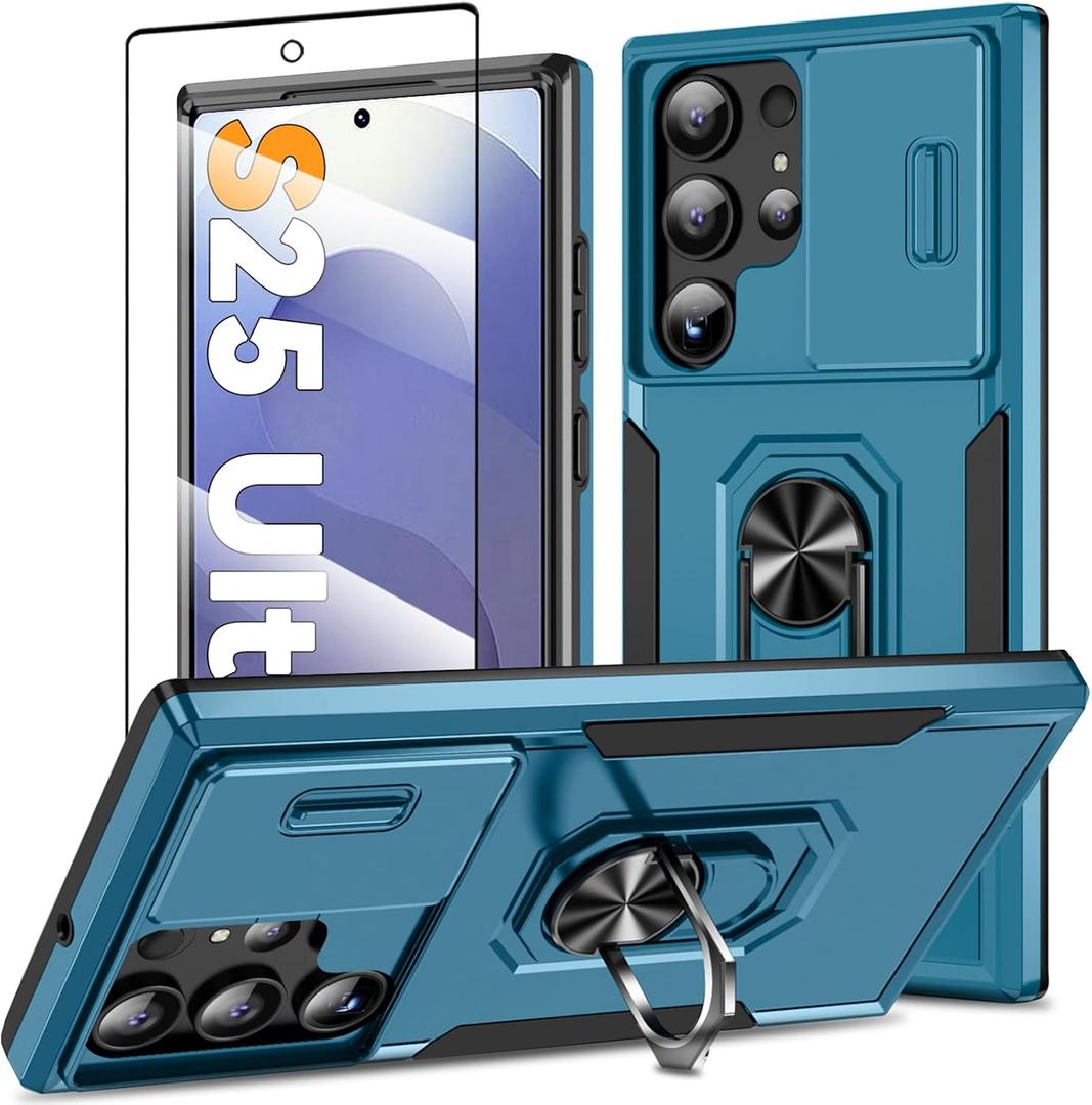 Case for Samsung Galaxy S25 Ultra with Ring Kickstand & Screen Protector, Military Grade Drop Protection Case with Slide Camera Cover, Heavy Duty Shockproof Cover for Samsung S25 Ultra 6.8 inch, Blue