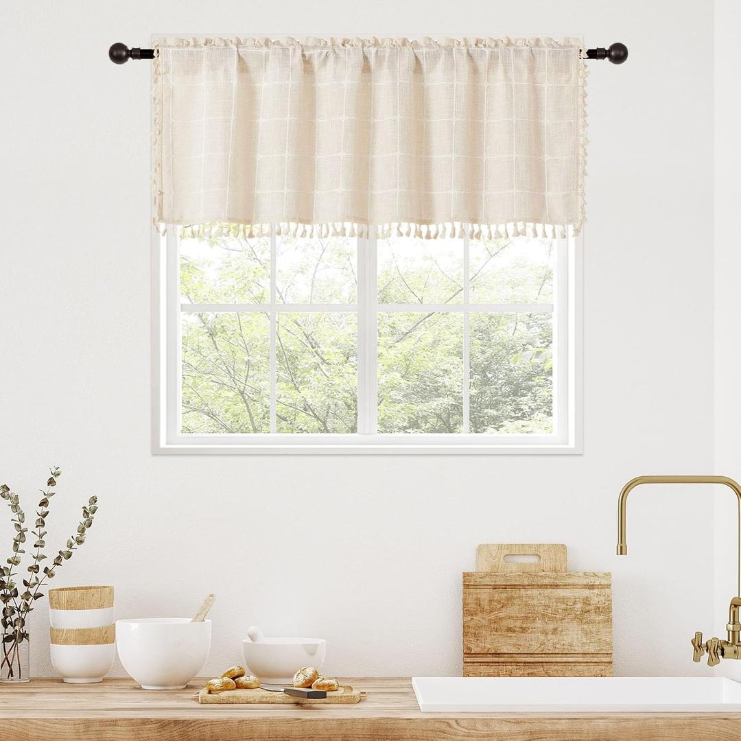 MitoVilla Cream Boho Kitchen Valances for Windows, Beige Modern Farmhouse Valance Curtains for Living Room/Bedroom, French Country Cotton Linen Tassel Topper Window Curtain, 52W x 18L