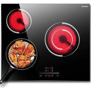 Electric Cooktop 24 Inch - 3 Burner Bulit-in Electric Ceramic Cooktop, Radiant Ceramic Stovetop with 9 Heating Level, Timer, Safety Lock, 5200W 220-240V Hard Wire Sensor Touch Control(No Plug)