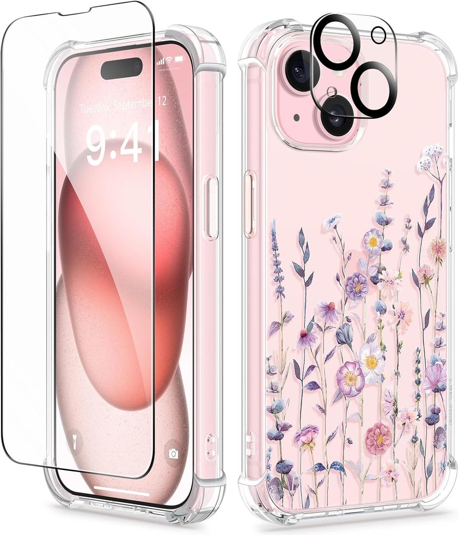 GVIEWIN for iPhone 15 Case, [3 in 1] with Screen Protector & Camera Lens Protector, Clear Soft Shockproof Slim Fit Floral Phone Cover for Women Girls 2023 6.1" (Floratopia/Colorful)