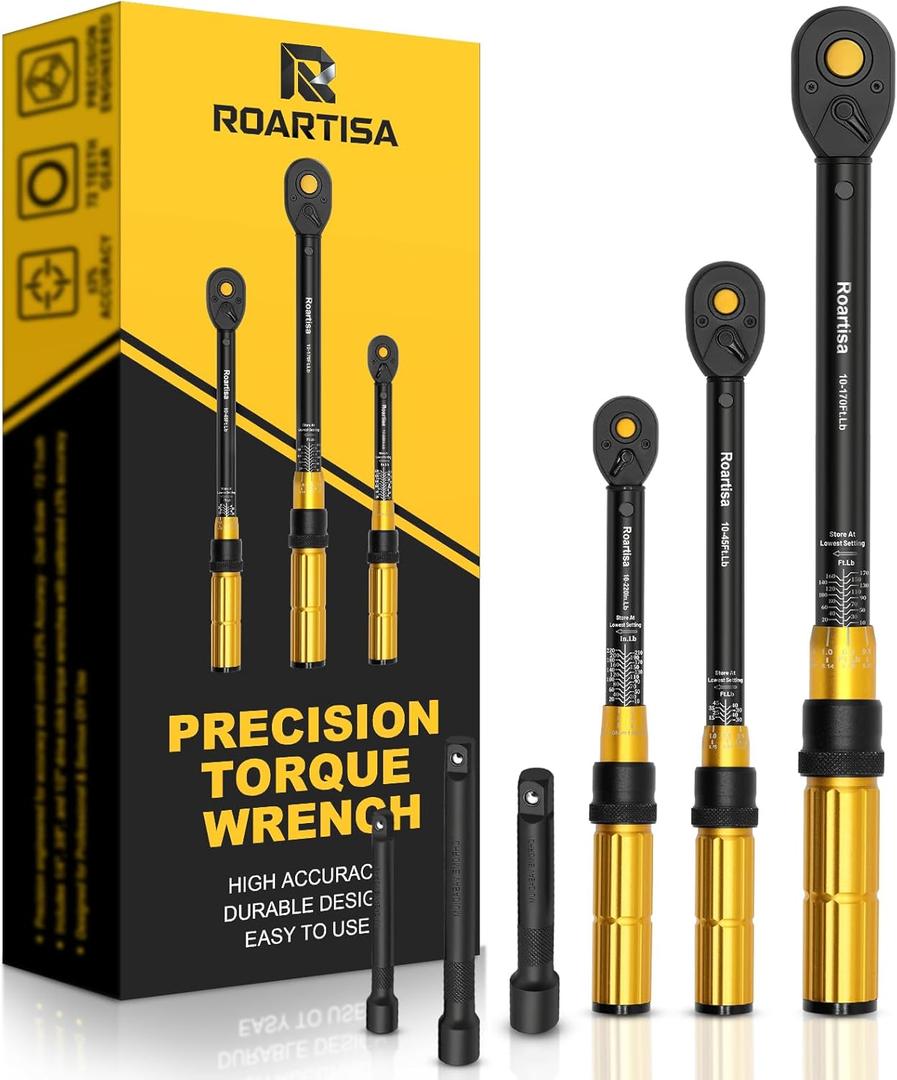 6-Piece Torque Wrench Set (1/4", 3/8", 1/2" Drive) - 3% High Precision Click Tool Kit with Extension Bars - Prevent Bolt Stripping for Car, Motorcycle & Carbon Bike Maintenance