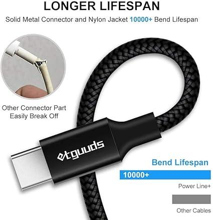 etguuds USB A to USB C Cable , Fast Charging Type C Charger Cord for iPhone 16 15 Pro/Pro Max/Plus, for Samsung Galaxy S24 S23 S22 S21 S20 S10 A55 A54 Flip, Pixel, Moto G, Black