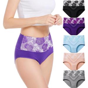 HAVVIS Women's Briefs Underwear Cotton High Waist Tummy Control Panties Rose Jacquard Ladies Panty Multipack (X-Large)