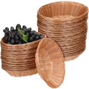 20 Pack Oval Small Plastic Bread Basket 9.8 x 7.1 x 2.8 Inch Wicker Basket for Serving Woven Food Storage Baskets for Home, Kitchen, Restaurant, Storing Bread, Fruits, Vegetables, Brown
