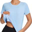 baleaf Women's Athletic Sun Shirts Short Sleeve Running Tops Workout Cropped Split Back UPF 50+ Quick Dry Lightweight (Blue, L)