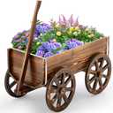 Wooden Wagon Planter Box, Garden Planter with Wagon Wheels, Flower Cart for Balcony, Decorative Patio Flowers Herbs Vegetables for Indoor Outdoor Decor, Brown(Classic)