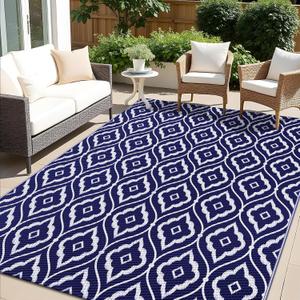 OLANLY Outdoor Rug 9x12 ft Waterproof, Outdoor Plastic Straw Rug with Geometric Pattern Clearance, Reversible RV Mat for Patio, Camping, Balcony, Deck, Backyard, Navy & White
