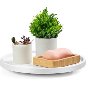 10" Wood Lazy Susan Turntable Organizer, Lazy Susan for Table Top Cabinet Dining Pantry Countertop Cupboard Organization, Decorative Tray for Kitchen Bathroom Decor Coffee Bar Accessories, White (10" with Low Rim)