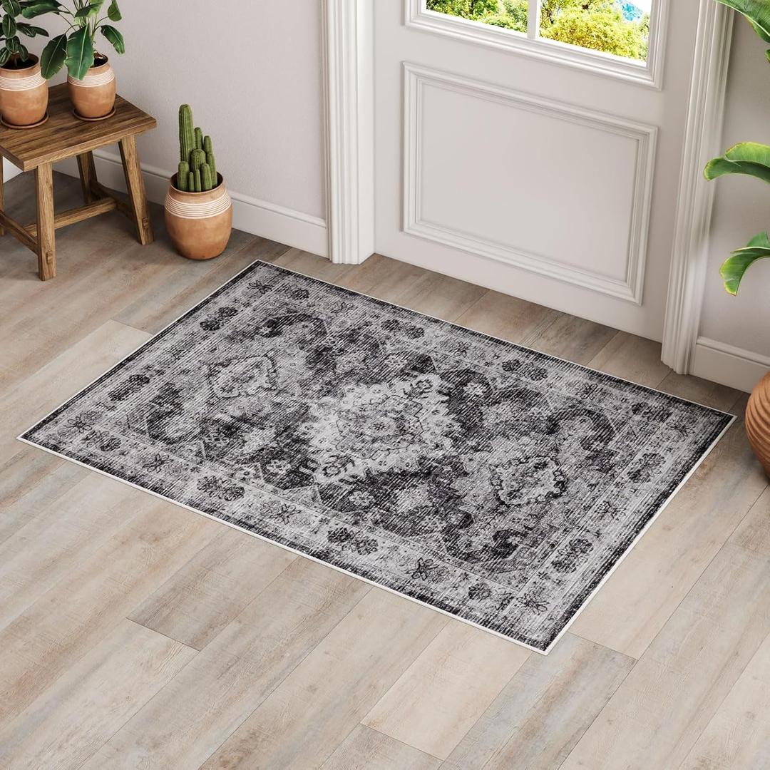 Dripex Vintage Washable Rug 2x3 Indoor Door Mat Non-Slip Entryway Rug Distressed Low-Pile Small Rug for Front Entrance Bathroom Rug Kitchen Living Room Bedroom (Charcoal/Black)