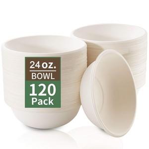 Nervure 120 Pack Biodegradable Paper Bowls  24 oz. Compostable Disposable Bowls Made by 100% Sugar Cane Fibers  Perfect for Cereal, Salads and Soups