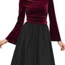 Long Sleeve Velvet Tops for Women, Ruched Crop Top Boat Neck Bell Sleeve Slim Fitted Shirt (Small, Winered)