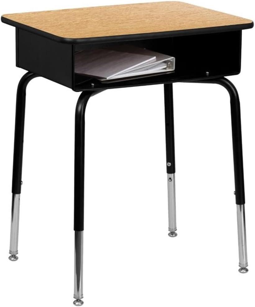 Flash Furniture Billie Open Front Student Desk for Classrooms or Remote Learning, Height Adjustable School Desk with Metal Book Box, Natural/Black (Set of 1)